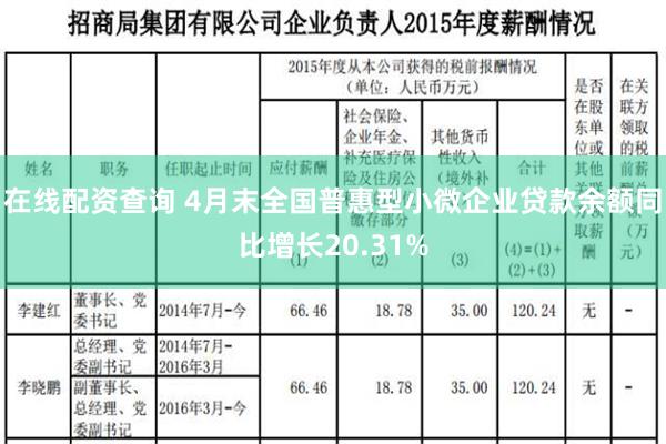 在线配资查询 4月末全国普惠型小微企业贷款余额同比增长20.31%